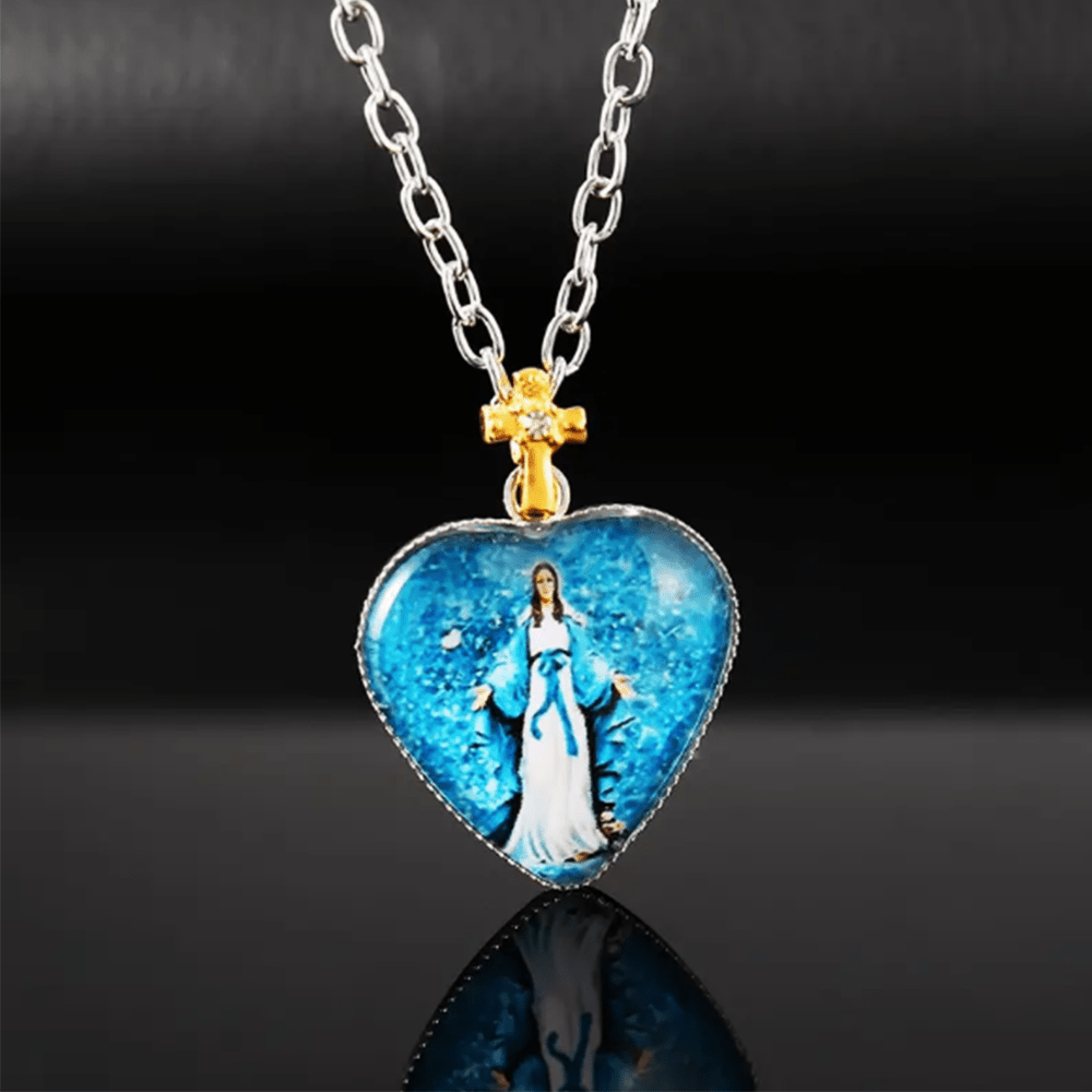 Classic Style Heart-shaped Virgin Mary Glass Pendant Necklace