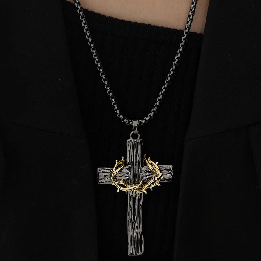 Modern Style Jesus Crown Of Thorns Cross Sacred Protection Pendant Necklace