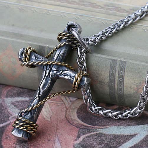 Exquisite 925 Sterling Silver and Brass Rope Forged Cross Necklace