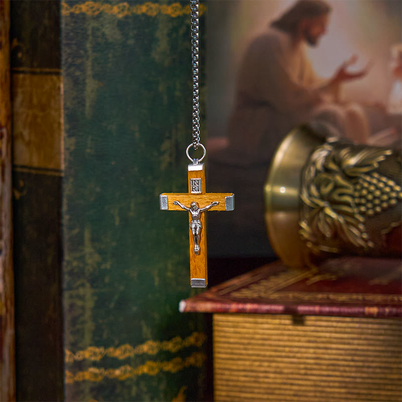 Retro Style Jesus Icon Crucifix Wood &amp; Alloy Pendant Necklace