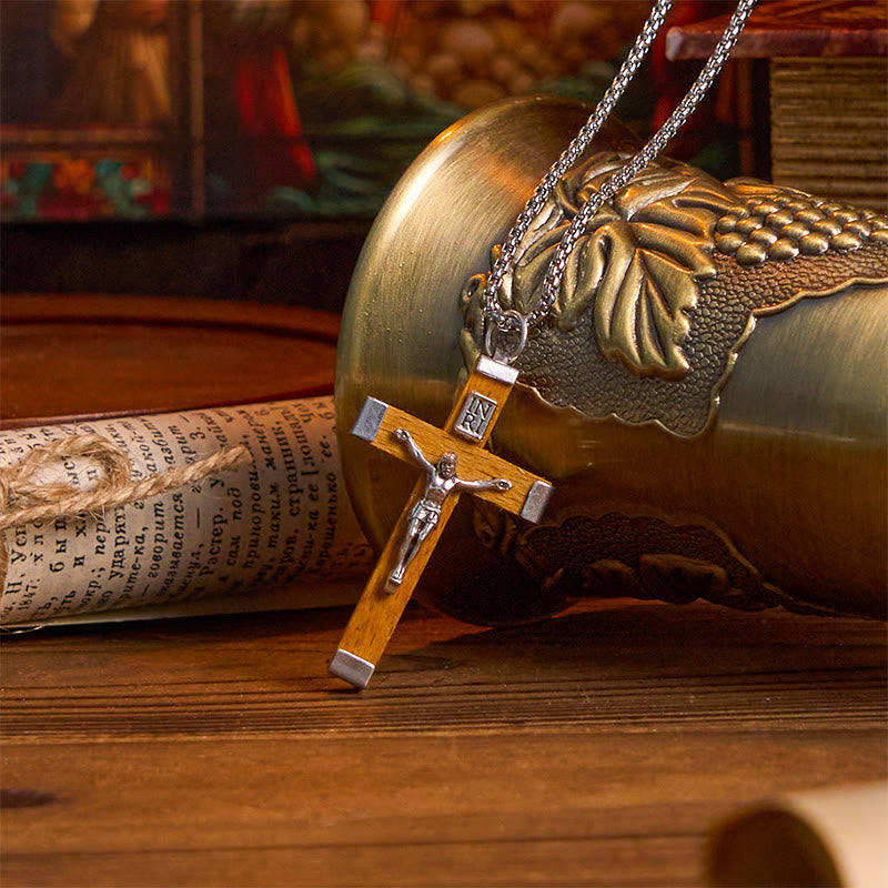Retro Style Jesus Icon Crucifix Wood &amp; Alloy Pendant Necklace