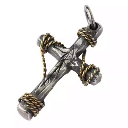 Exquisite 925 Sterling Silver and Brass Rope Forged Cross Necklace