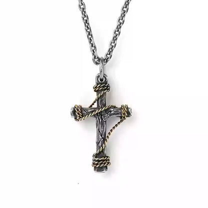 Exquisite 925 Sterling Silver and Brass Rope Forged Cross Necklace