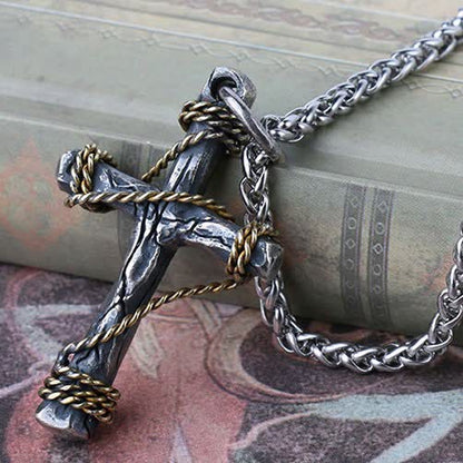 Exquisite 925 Sterling Silver and Brass Rope Forged Cross Necklace