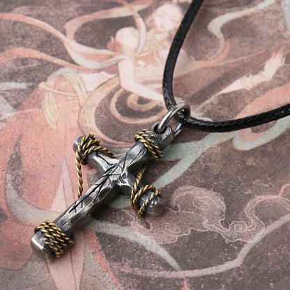Exquisite 925 Sterling Silver and Brass Rope Forged Cross Necklace