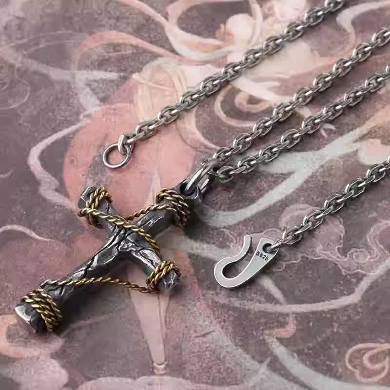 Exquisite 925 Sterling Silver and Brass Rope Forged Cross Necklace